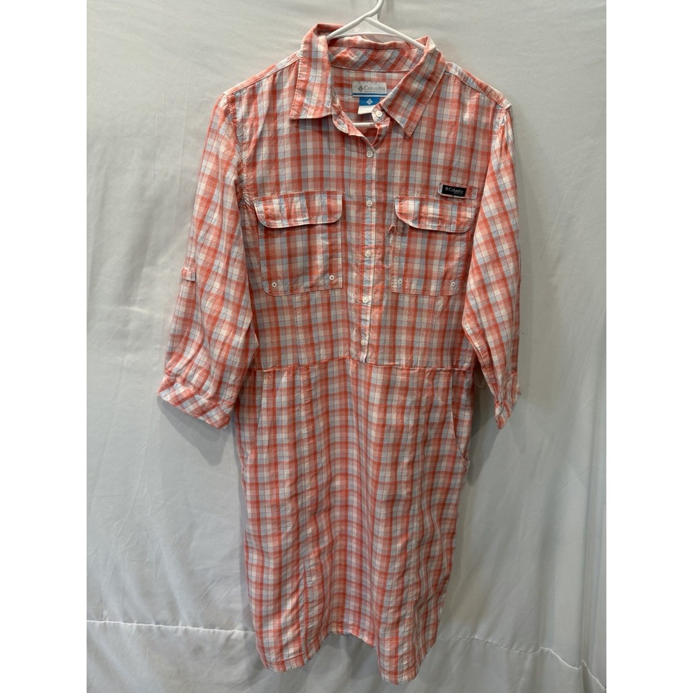 Columbia PFG Dress Womens Medium Coral Plaid Check Tamiami Omni-Shade Fishing